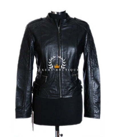 Pre-owned L.b Roxy Black Ladies Designer Real Quilted Waxed Lambskin Leather Fashion Jacket