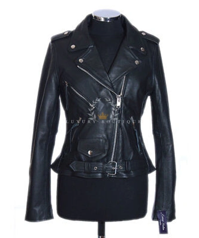 Pre-owned L.b Ladies Brando Black Ladies Biker Style Real Cowhide Leather Fashion Jacket