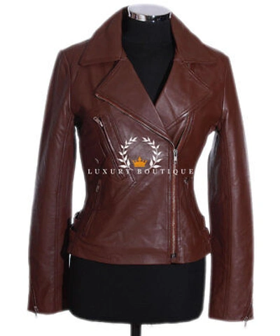 Pre-owned L.b Hillary Brown Ladies Biker Style Fashion Retro Real Soft Sheep Leather Jacket