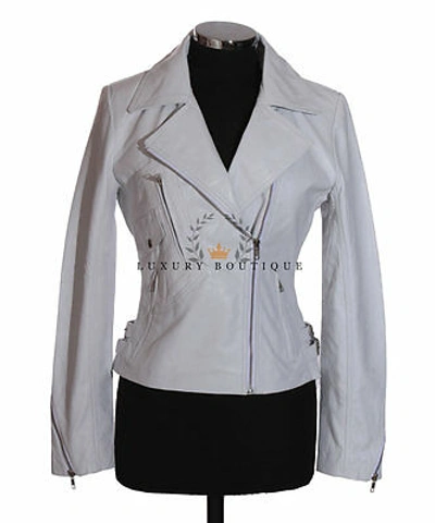 Pre-owned L.b Hillary White Ladies Biker Style Fashion Retro Real Soft Sheep Leather Jacket