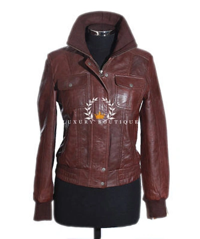Pre-owned L.b Natalie Brown Ladies Retro Bomber Casual Real Lambskin Leather Fashion Jacket