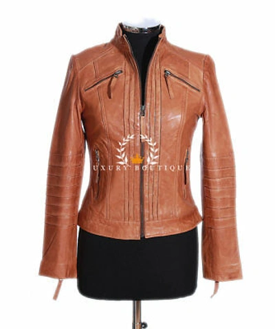 Pre-owned L.b Lesly Tan Ladies Biker Retro Designer Real Lambskin Leather Fashion Jacket