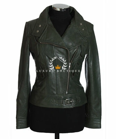 Pre-owned L.b Tara Olive Green Ladies Designer Real Waxed Lambskin Leather Fashion Jacket