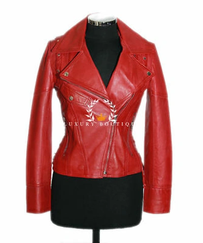 Pre-owned L.b Ivy Red Ladies Biker Fashion Retro Designer Real Waxed Lambskin Leather Jacket