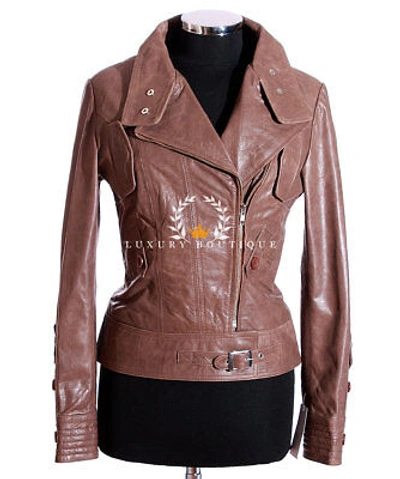 Pre-owned L.b Tara Khaki Brown Ladies Retro Designer Real Lambskin Leather Fashion Jacket