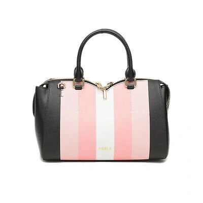Pre-owned Furla Woman Handbag  Ribbon M Satchel Shoulder Bag In Black Leather Pink Striped