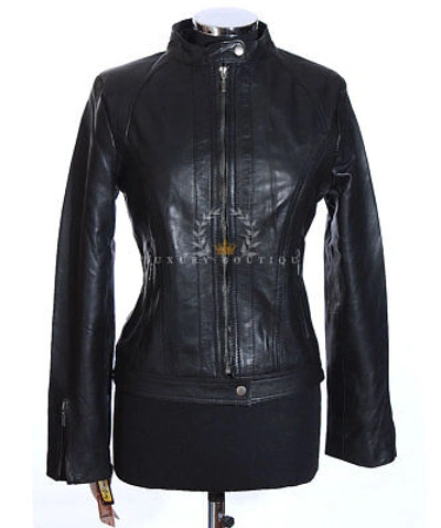 Pre-owned L.b Amy Black Ladies Designer Biker Retro Real Waxed Lambskin Leather Fashion Jacket