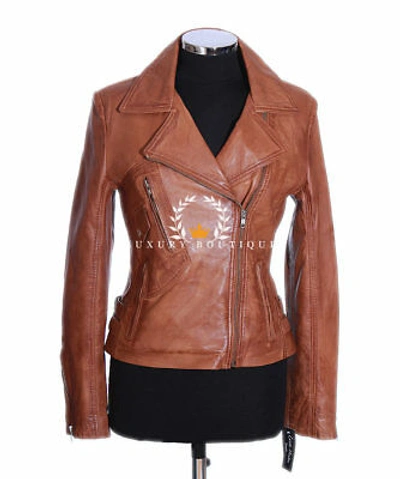 Pre-owned L.b Hillary Tan Ladies Biker Designer Real Waxed Lambskin Leather Fashion Jacket
