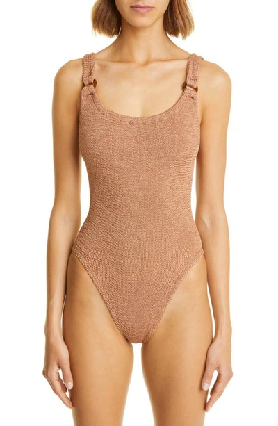 Hunza G Domino Scoop-neck Crinkle-knit Swimsuit In Brown