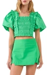 Endless Rose Smocked Puff Sleeve Crop Top In Green