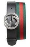 GUCCI INTERLOCKING G LOGO STRIPE WEB & LEATHER BELT,411924H917N