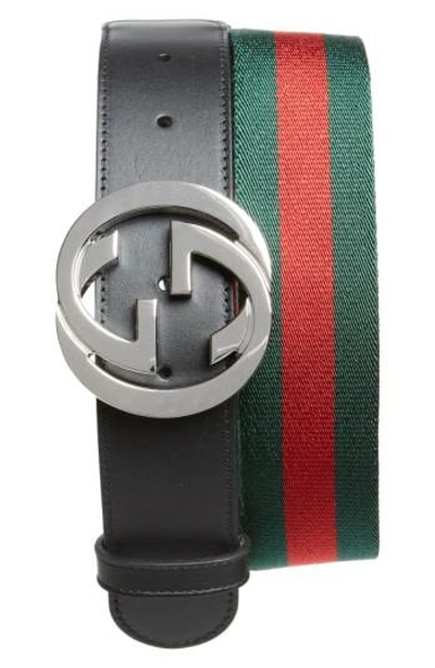 Gucci Interlocking G Logo Stripe Web & Leather Belt In Black