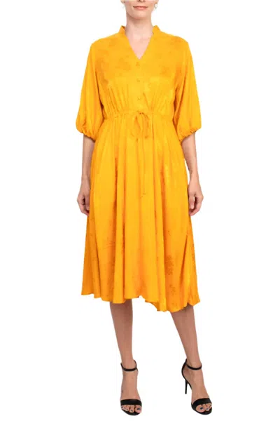 52seven Split Neck Balloon Sleeve Jacquard Dress In Gold In Yellow