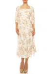 52seven Three Quarter Sleeve Floral Midi Dress In White Light Pink In Multi