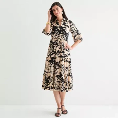 52seven Womens 3/4 Sleeve Midi Floral Shift Dress In Black