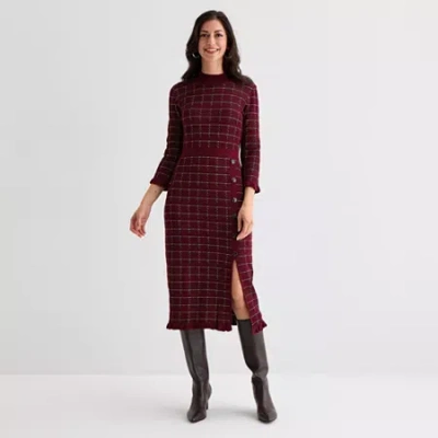 52seven Womens 3/4 Sleeve Windowpane Midi Sweater Dress In Brown
