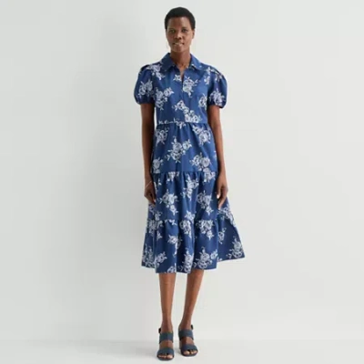 52seven Womens Midi Short Sleeve Floral Shift Dress In Blue