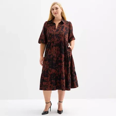 52seven Womens Plus 3/4 Sleeve Midi Floral Shift Dress In Green