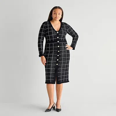 52seven Womens Plus 3/4 Sleeve Windowpane Midi Sweater Dress In Black