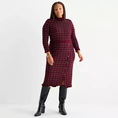 52seven Womens Plus 3/4 Sleeve Windowpane Midi Sweater Dress In Burgundy