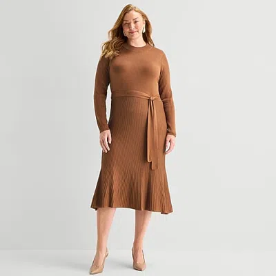 52seven Womens Plus Long Sleeve Midi Sweater Dress In Brown