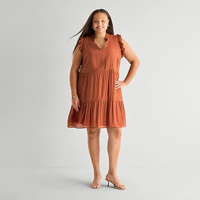52seven Womens Plus Round Neck Sleeveless Shift Dress In Brown
