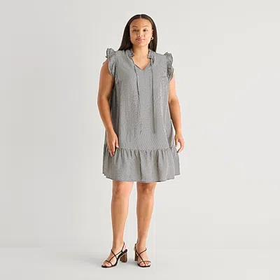 52seven Womens Plus Round Neck Sleeveless Striped Shift Dress In Black
