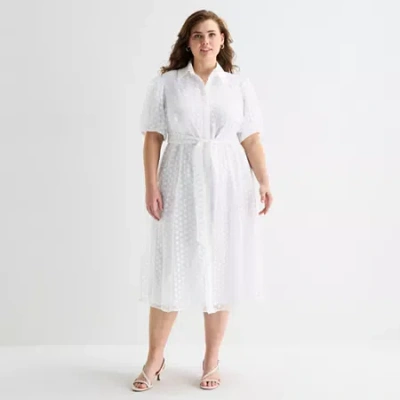 52seven Womens Plus Short Sleeve Midi Dots Shirt Dress In White