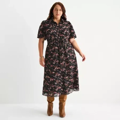 52seven Womens Plus Short Sleeve Midi Floral Shirt Dress In Black