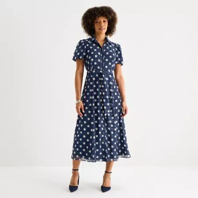 52seven Womens Short Sleeve Midi Dots Shirt Dress In Blue