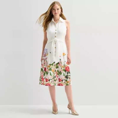 52seven Womens Sleeveless Midi Floral Shirt Dress In White