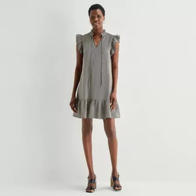 52seven Womens Split Tie Neck Sleeveless Striped Shift Dress In Gray