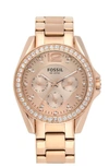 FOSSIL 'RILEY' ROUND CRYSTAL BEZEL BRACELET WATCH, 38MM,ES3204