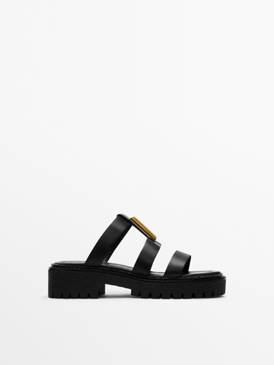 Massimo Dutti Leather Sandals With Track Soles In Black