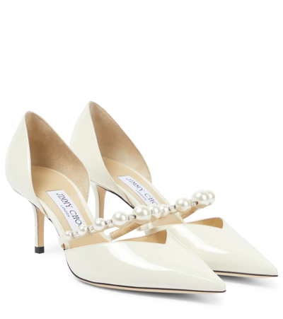 Jimmy Choo Aurelie 65 Pearl-embellished Patent-leather Courts In White