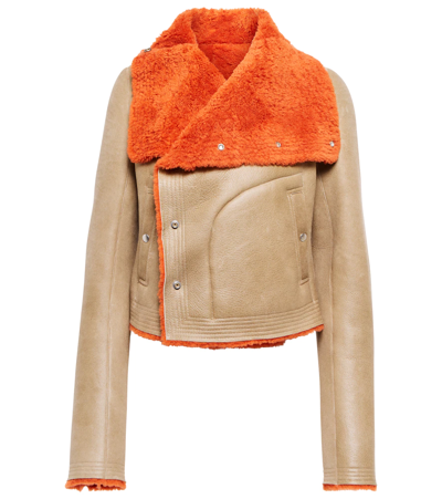 Rick Owens Leather And Shearling Biker Jacket In Pearl/orange