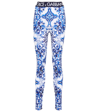 Dolce & Gabbana Blu Mediterraneo Painterly Logo Leggings In Multi-colored