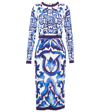 Dolce & Gabbana Blu Mediterraneo Painterly Long-sleeve Midi-dress In Tris Maioliche F.bco