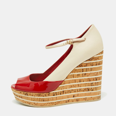 Pre-owned Gucci Red/cream Patent Leather Colorblock Platform Wedge Mary Jane Peep Toe Pumps Size 38