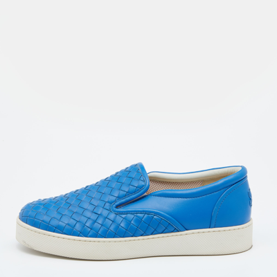 Pre-owned Bottega Veneta Blue Intrecciato Leather Slip On Sneakers Size 38.5