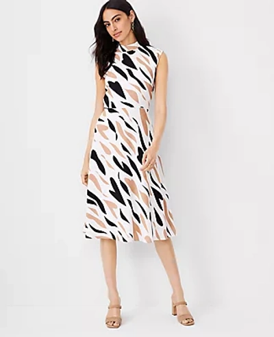 Ann Taylor Abstract Mock Neck Flare Midi Dress In Winter White
