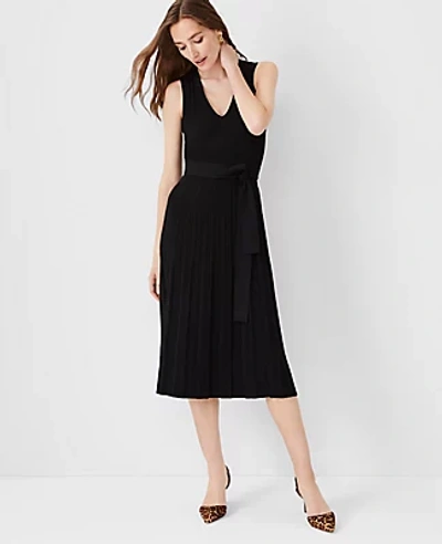 Ann Taylor Ribbed Belted Midi Sweater Dress In Black