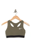 Nike Swoosh Racerback Sports Bra In Medium Olive/ Black/ White