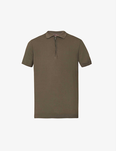 Oscar Jacobson Otto Zip-fastening Cotton-knit Polo Shirt In Green Wind