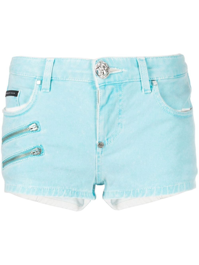 Philipp Plein Denim Hot Pants Biker Shorts In Blue