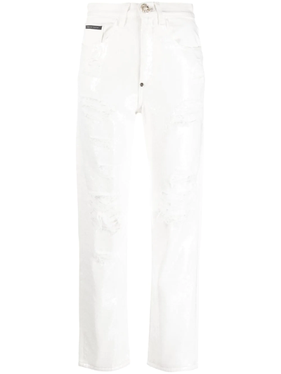 Philipp Plein Paillettes Mom-fit Distressed Jeans In Neutrals