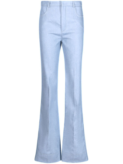 Saint Laurent Contrast-stitch Pressed-crease Flared-leg High-rise Cotton Trousers In Bleu Ciel