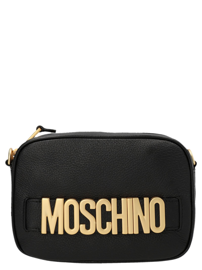 Moschino Logo Leather Crossbody Strap. In Black