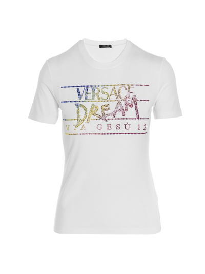 Versace Rhinestone-embellished Slogan T-shirt In White,yellow,blue,pink