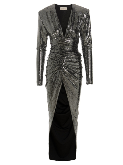 Alexandre Vauthier Plunging Strong-shoulder Sequin Tulip Gown In Silver